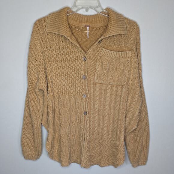 Free People Say Anything Oversized Cable Knit Cardigan Sweater in Yellow Size XS - Picture 5 of 10